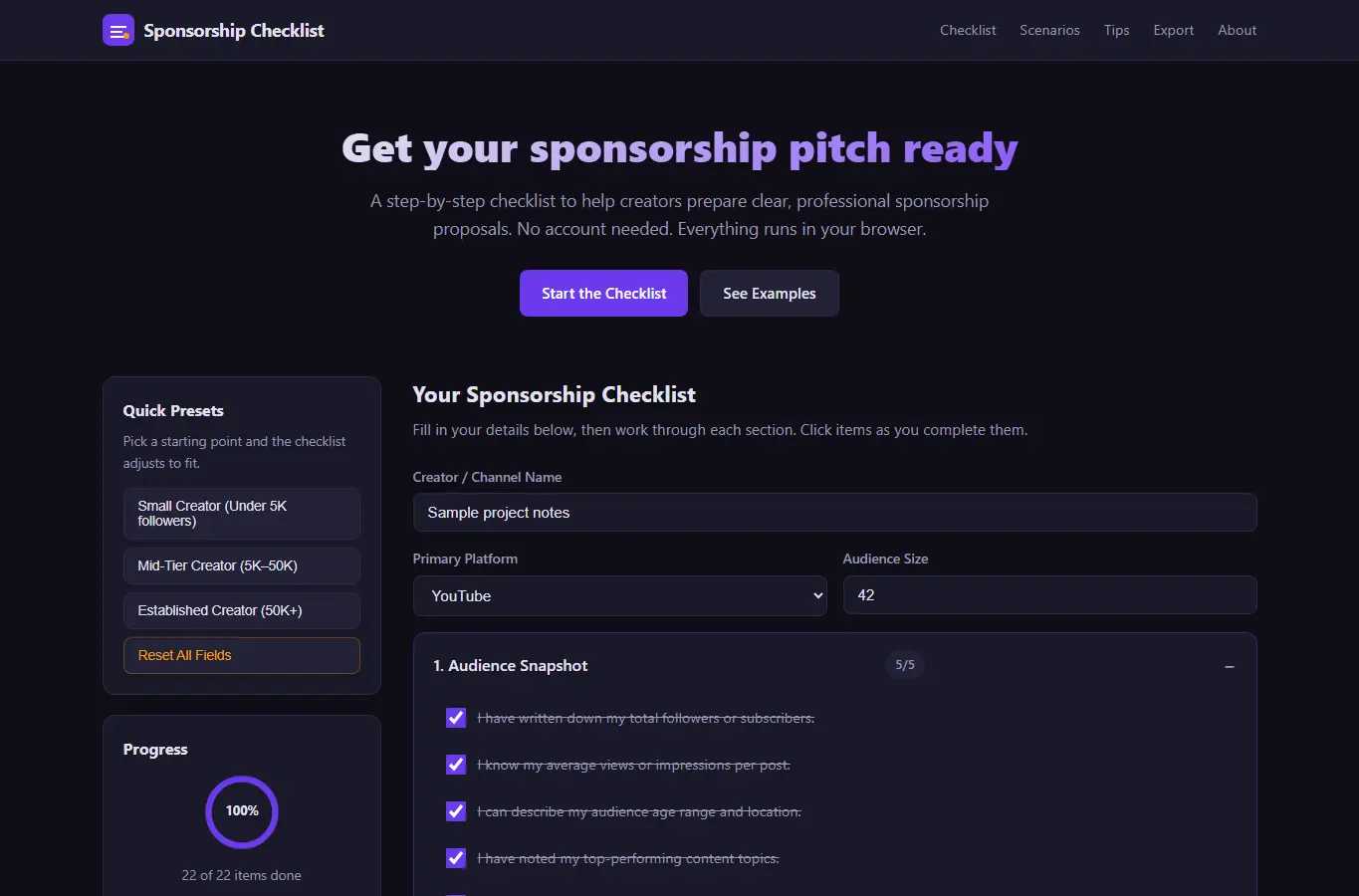 Screenshot of Creator Sponsorship Checklist interface showing the project page in use